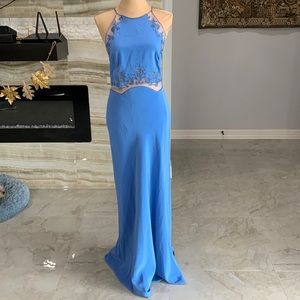 Gilar Evening Long Blue Beaded Criss‎ Cross Spaghetti Back Strap Dress. Size 6